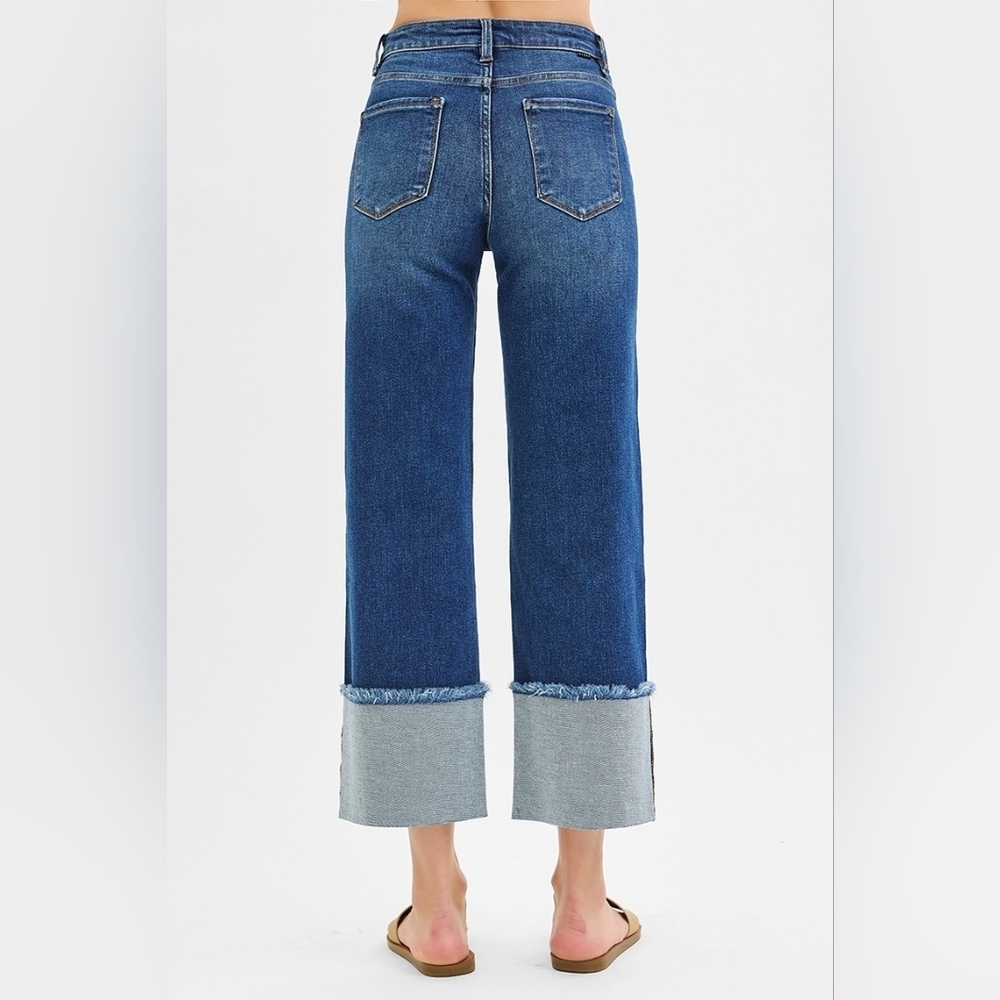 Risen Mid Rise Dark Wash Slim Wide Leg Wide Cuff Denim Jeans Stretch Various NEW - Picture 8 of 11